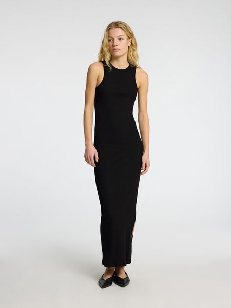 Selected COTON CÔTELÉ ROBE LONGUE, Black, highres - 16096505_Black_003.jpg