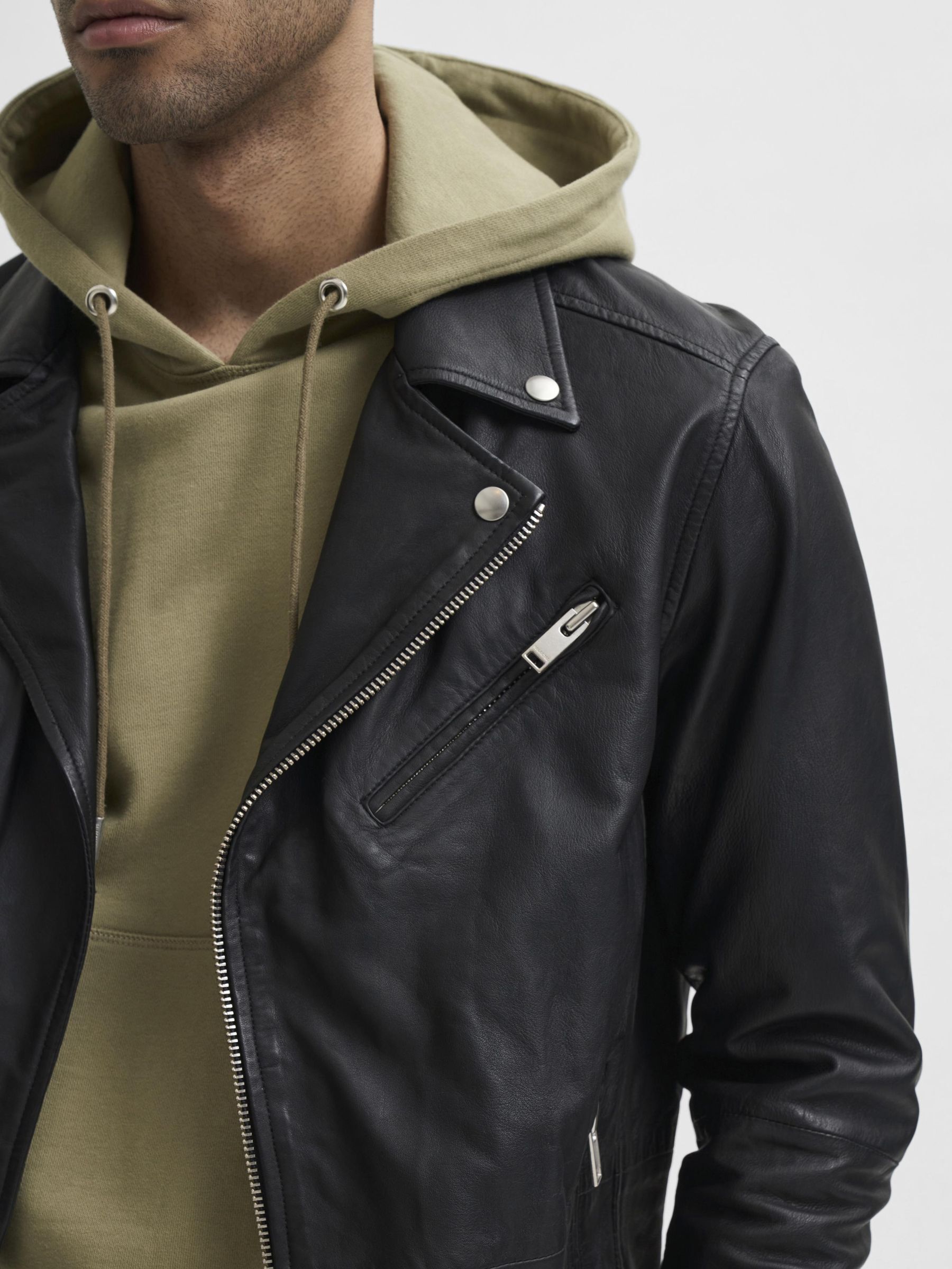 LAMB LEATHER BIKER LEATHER JACKET Black SELECTED HOMME