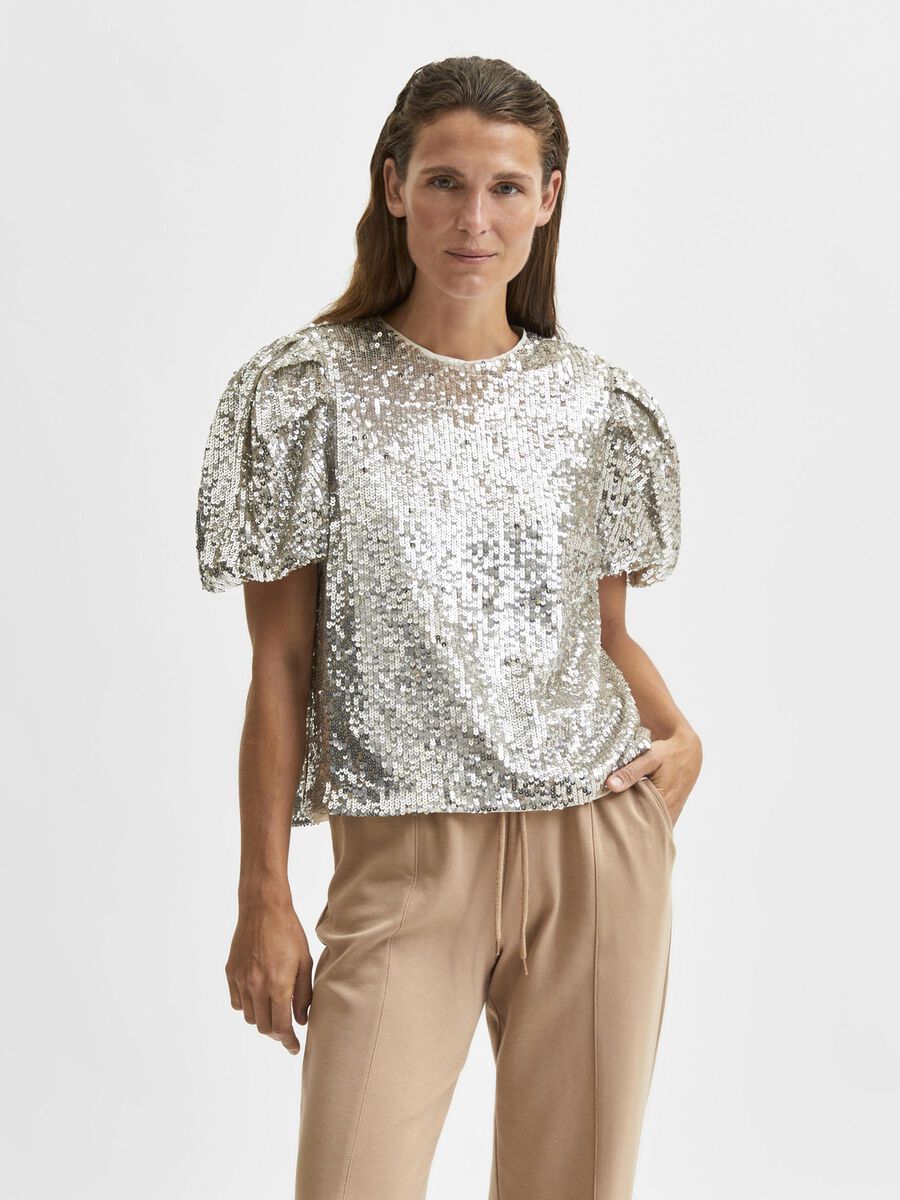 Selected SEQUIN PUFF SLEEVED TOP, Silver, highres - 16080558_Silver_003.jpg