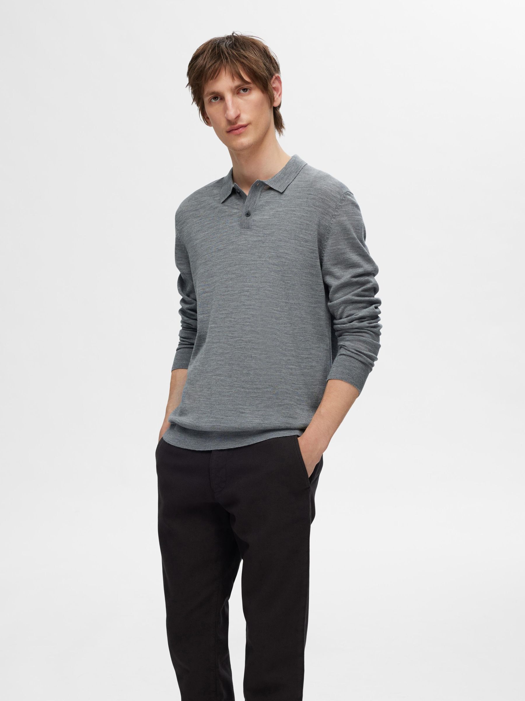 100 MERINO WOOL POLO SHIRT Grey SELECTED HOMME