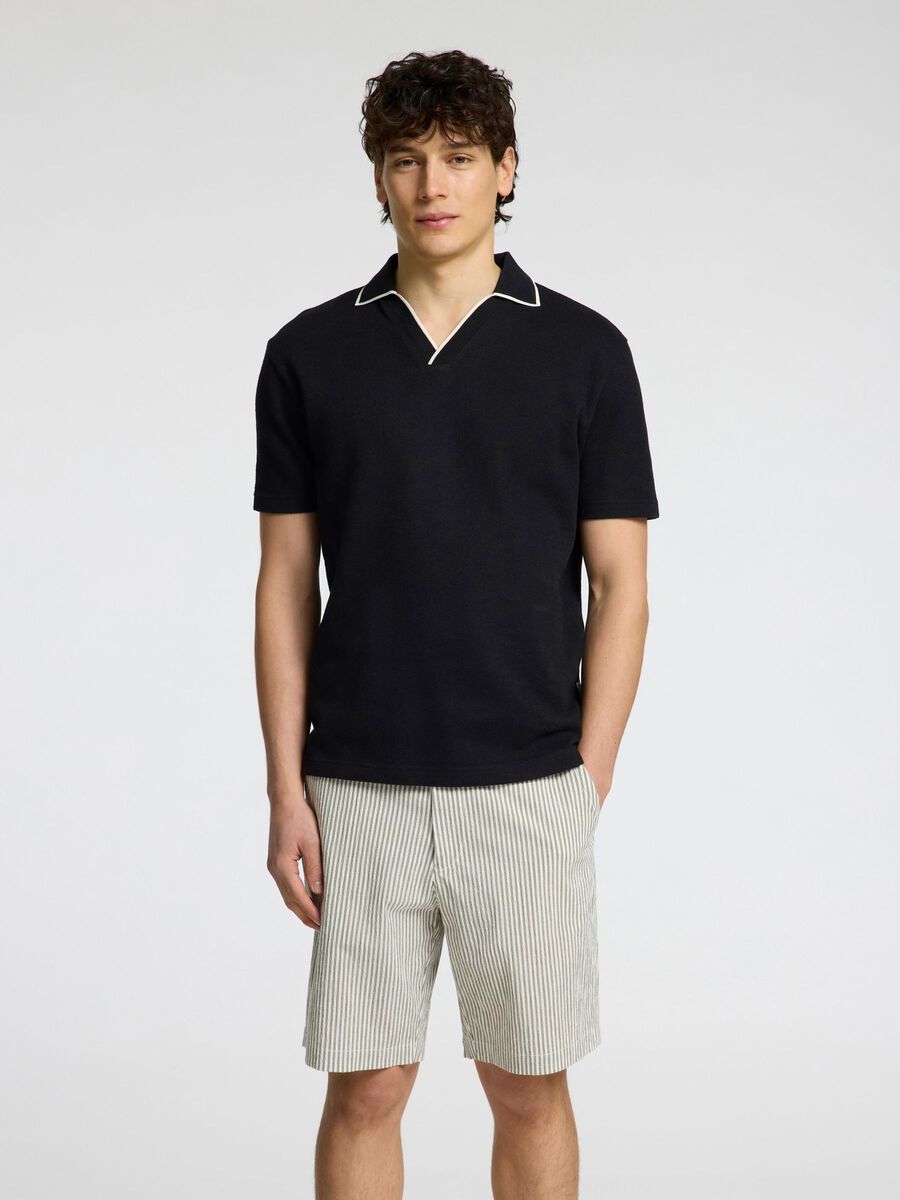 Selected COTTON BLEND SPLIT NECK POLO SHIRT, Black, highres - 16096777_Black_003.jpg