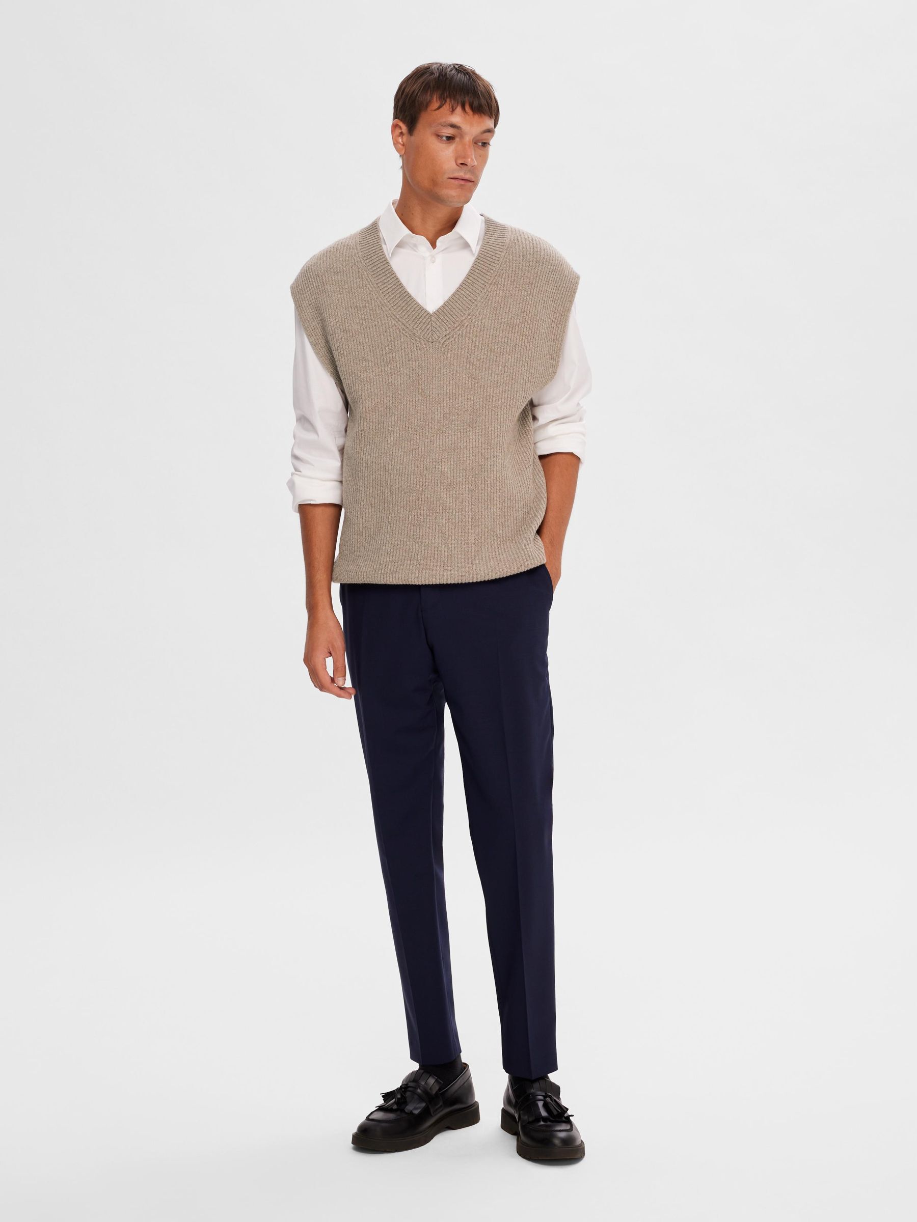 V NECK KNITTED VEST Beige SELECTED HOMME