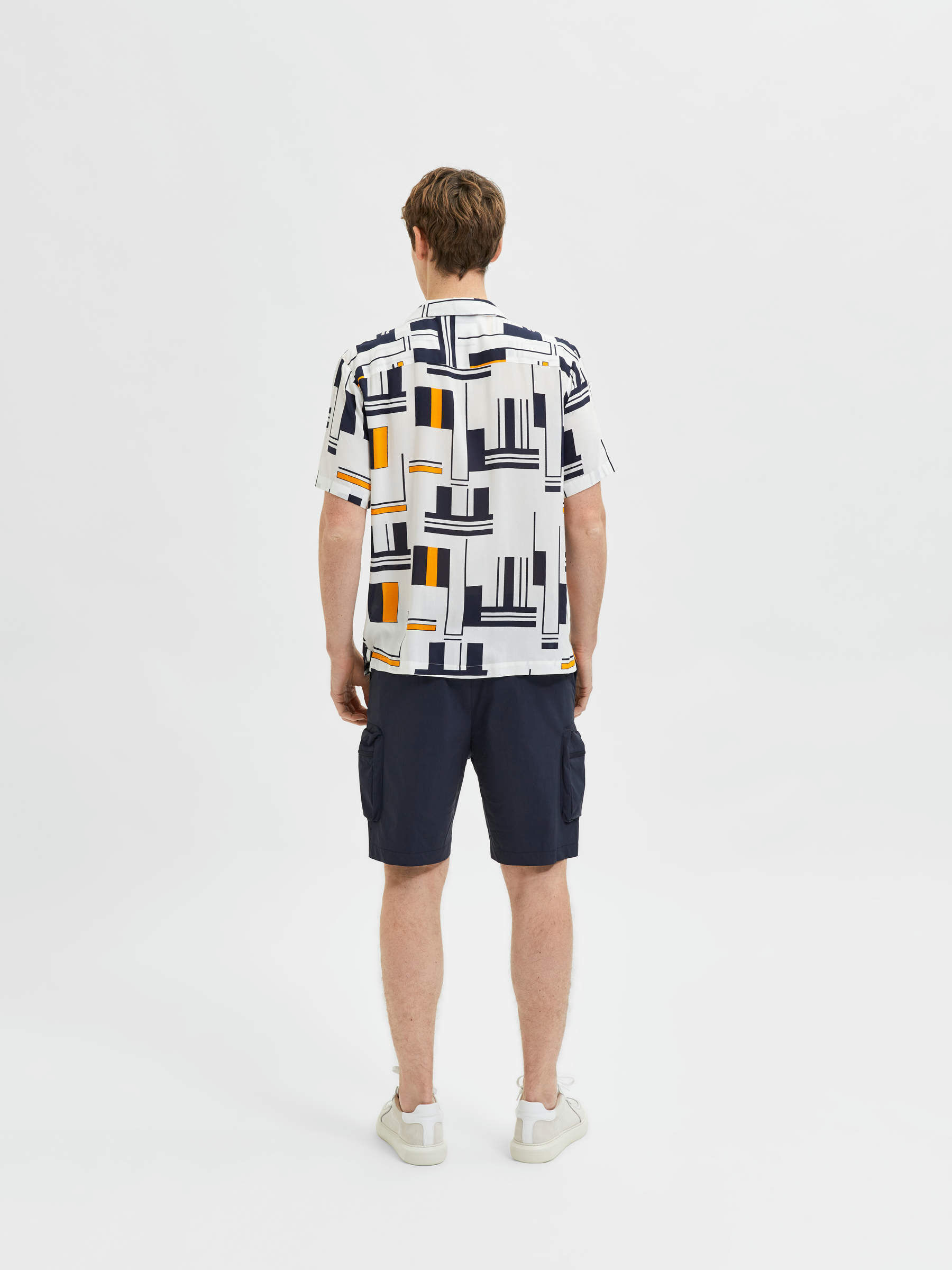 White ABSTRACT PRINT CUBAN COLLAR SHIRT 