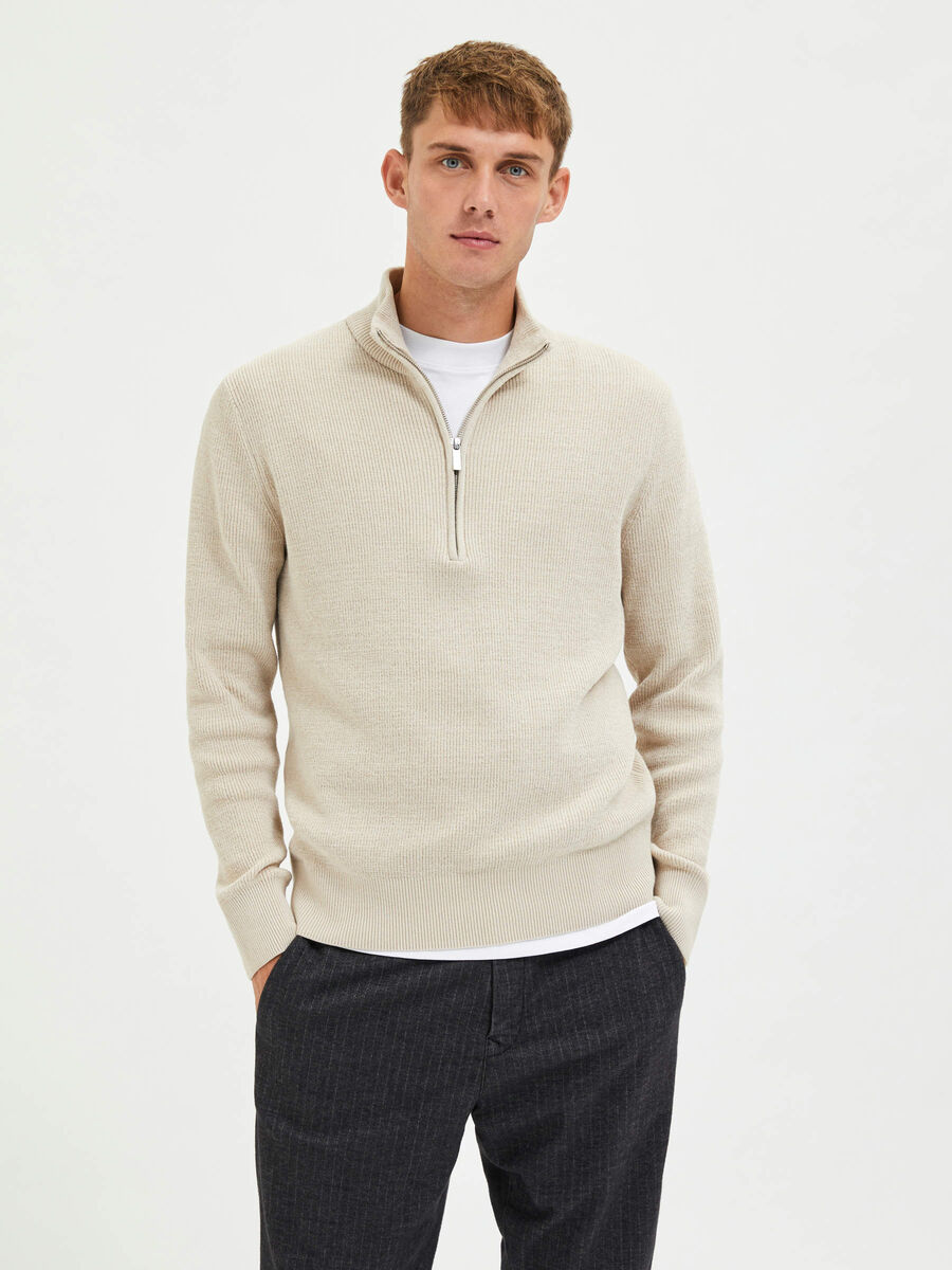 Selected HIGH NECK REISSVERSCHLUSS PULLOVER, Oatmeal, highres - 16087985_Oatmeal_003.jpg