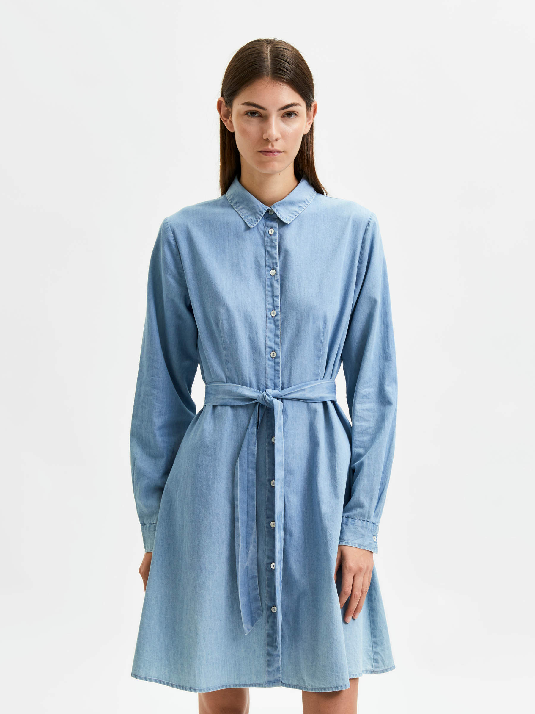 light blue denim long sleeve dress