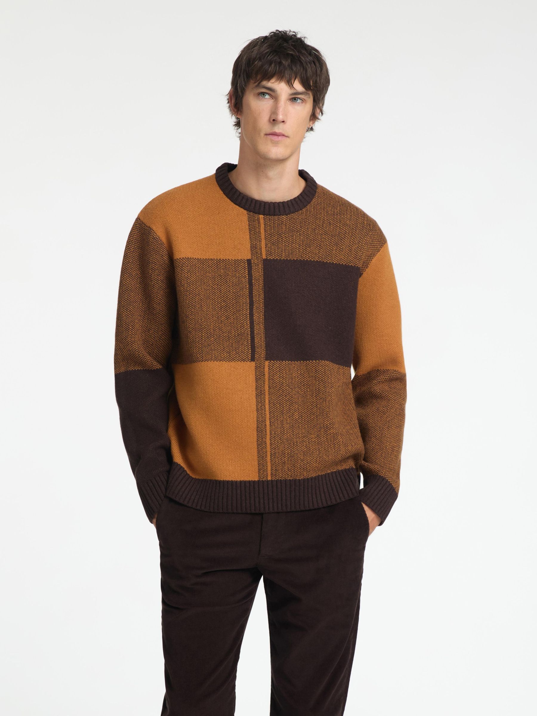 COLOR BLOCK PULL RAS DU COU Marron SELECTED HOMME