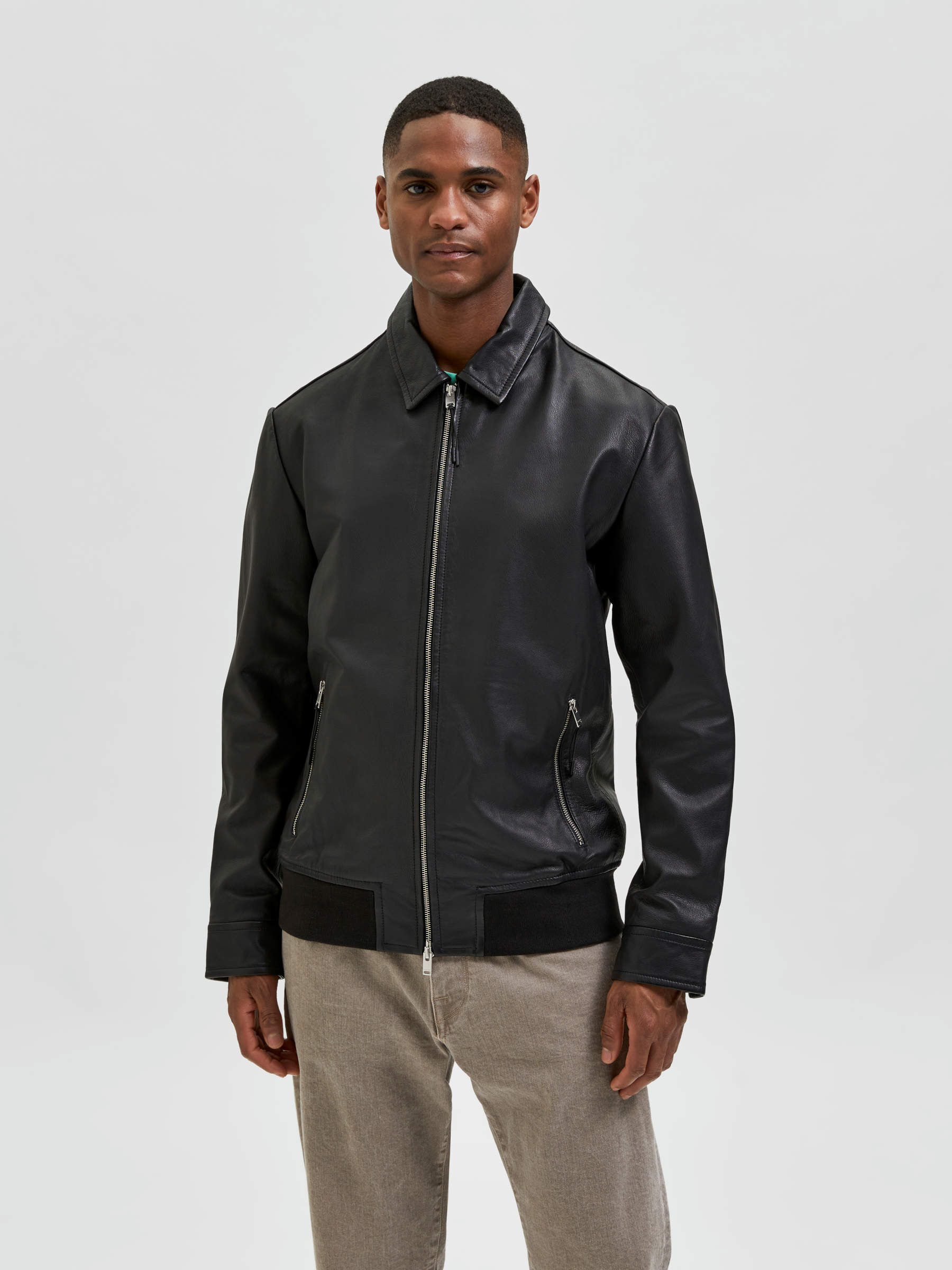 crew neck leather jacket