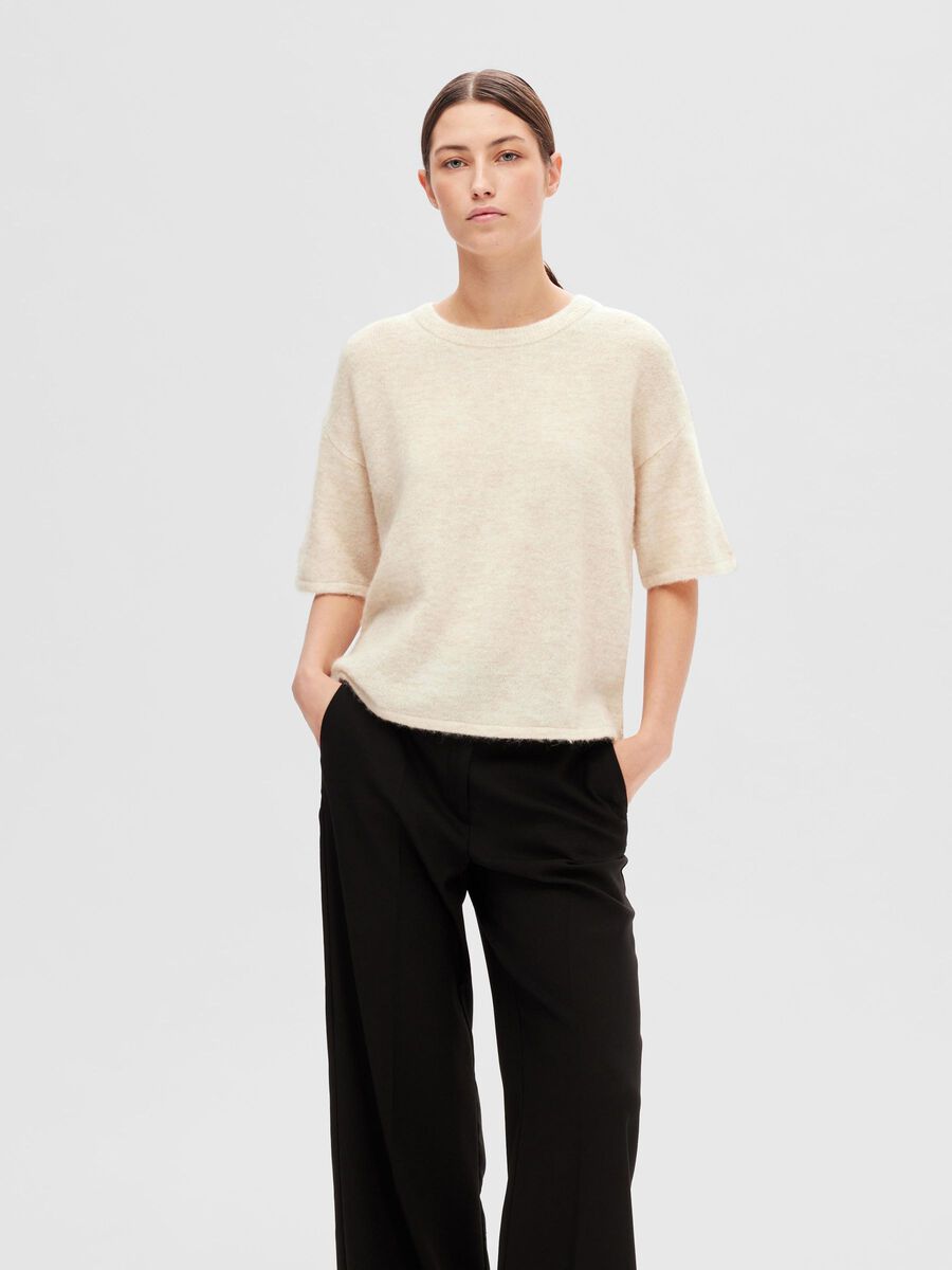 Selected SHORT-SLEEVED WOOL BLEND TOP, Birch, highres - 16093048_Birch_1090347_003.jpg