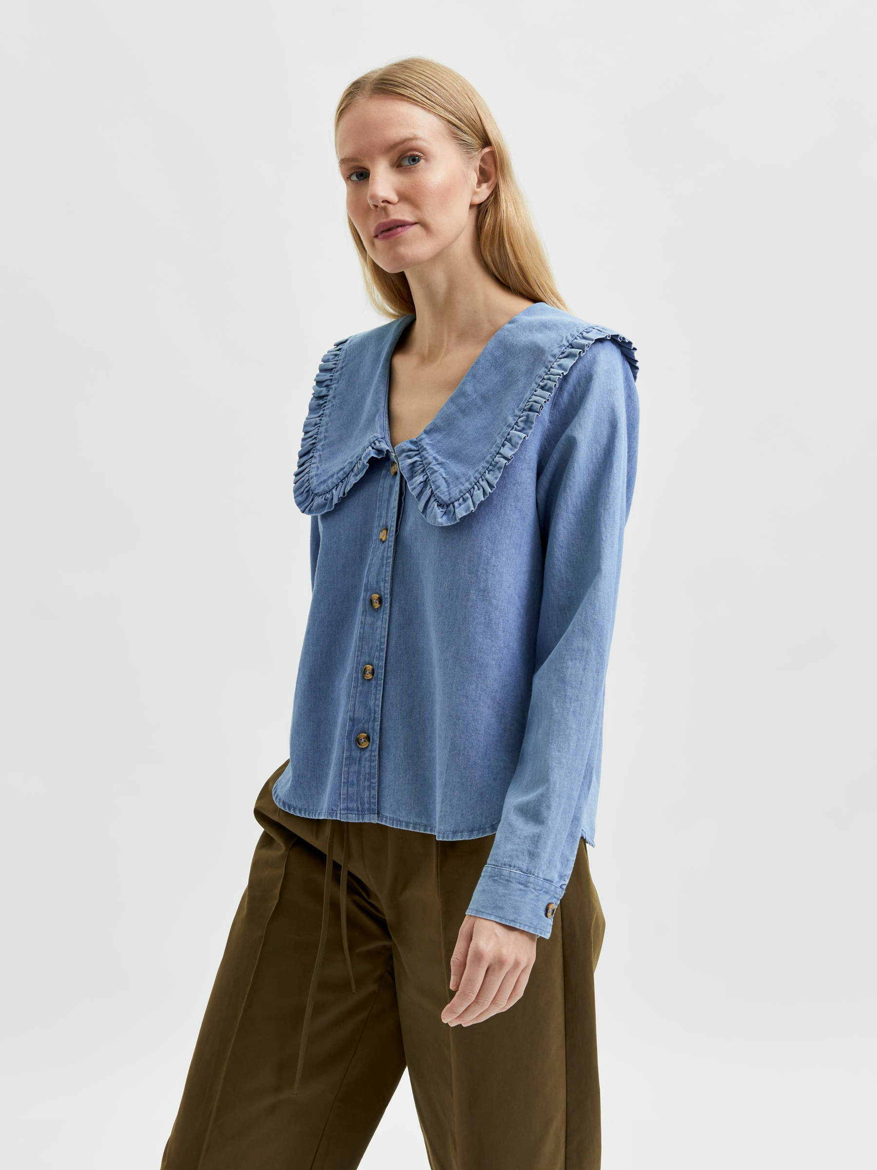 Blue STATEMENT COLLAR DENIM SHIRT 