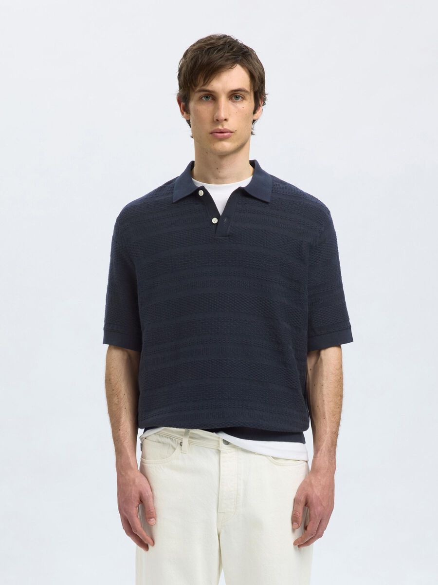 Selected TEXTURED KNITTED POLO SHIRT, Sky Captain, highres - 16097574_SkyCaptain_003.jpg