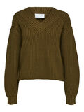 Selected BALLOON SLEEVED KNITTED V-NECK JUMPER, Dark Olive, highres - 16082649_DarkOlive_001.jpg