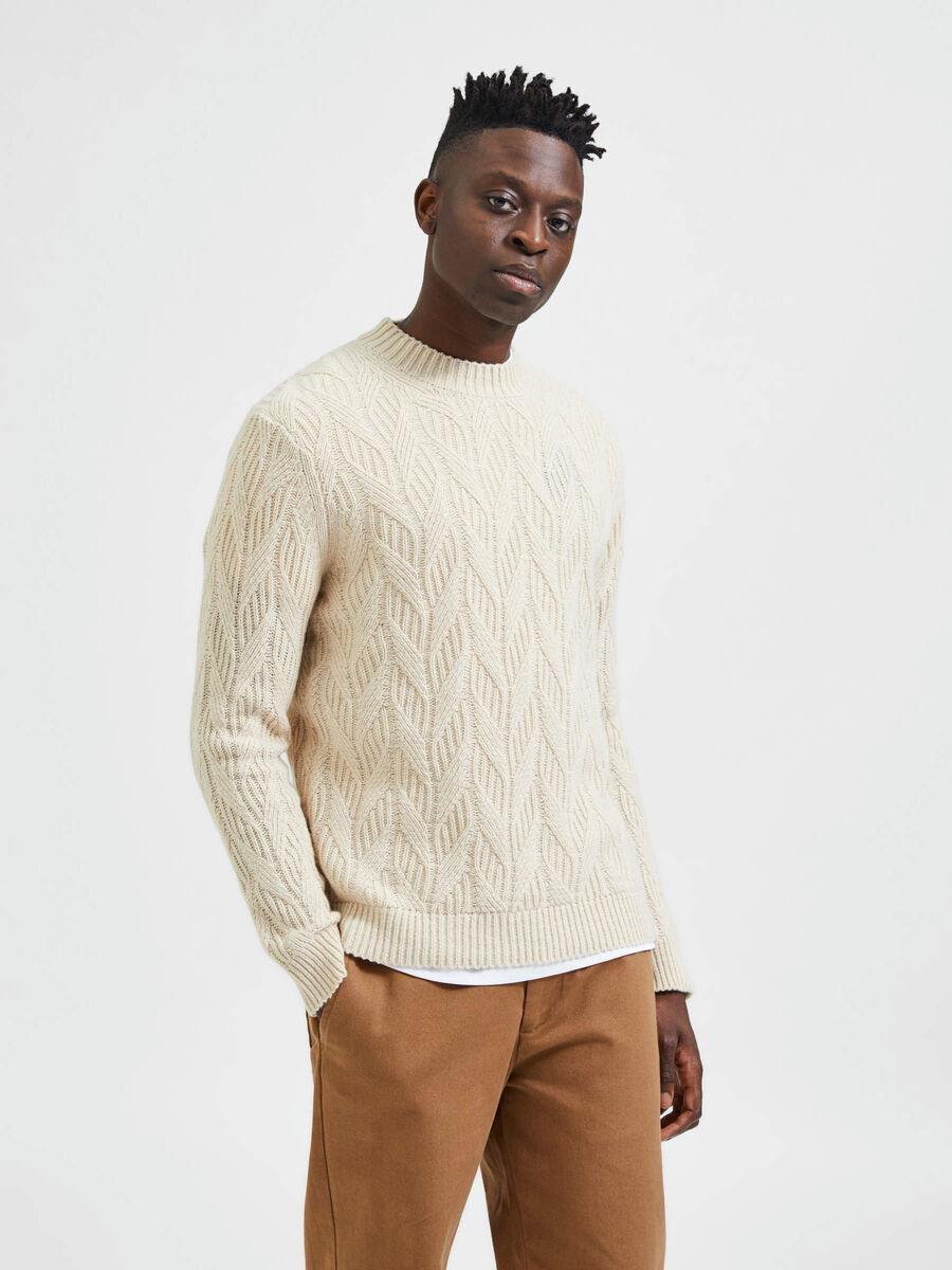 Selected CABLE KNIT KNITTED PULLOVER, Oatmeal, highres - 16086686_Oatmeal_003.jpg