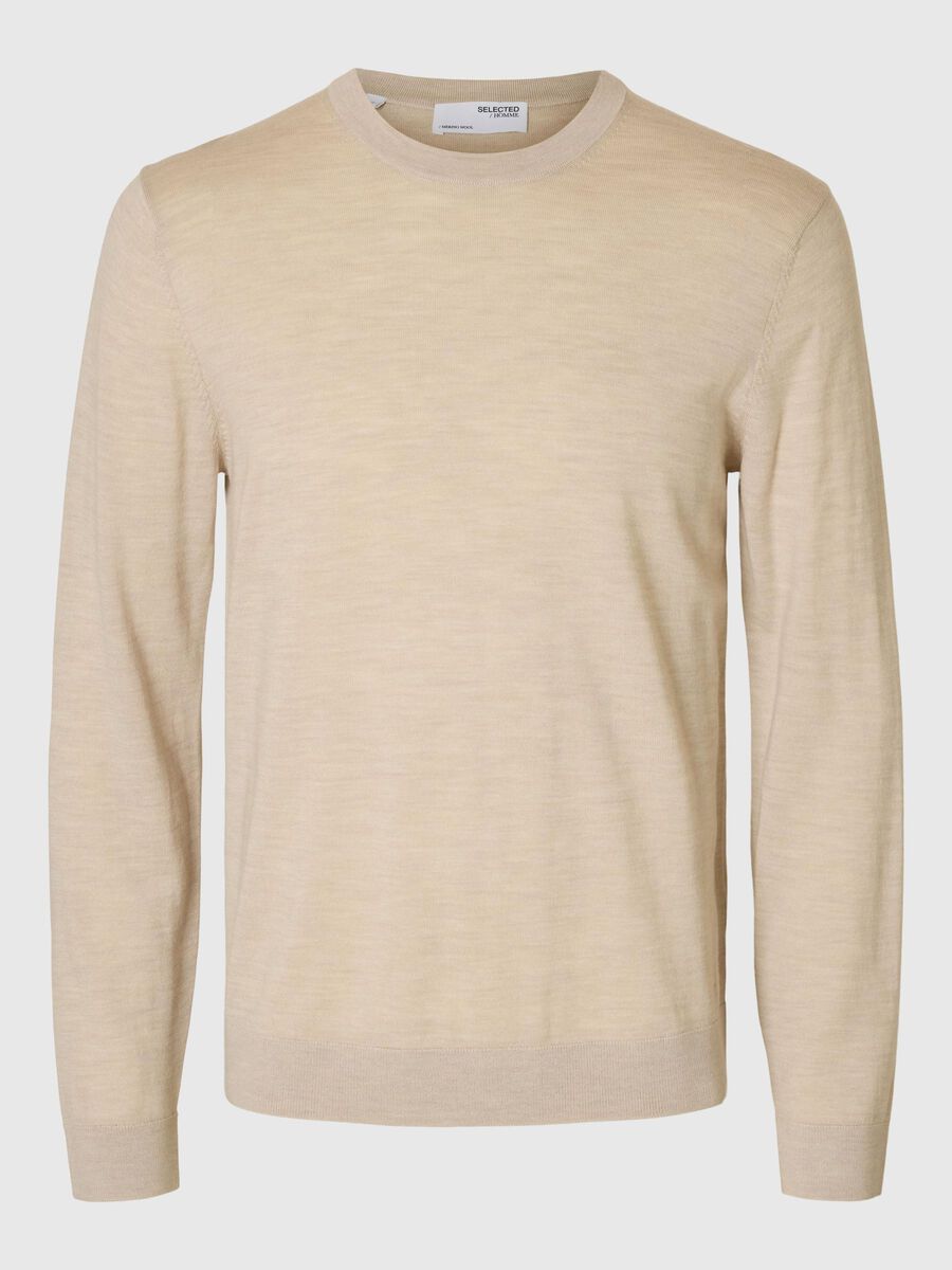 Selected 100% MERINO WOOL CREWNECK JUMPER, Oatmeal, highres - 16094647_Oatmeal_1151275_001.jpg