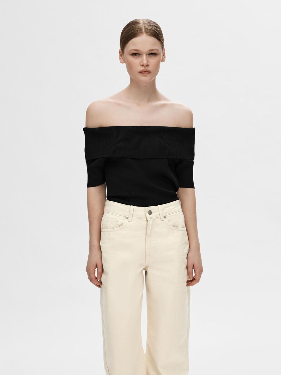 Selected OFF-SHOULDER STRIKKET TOP, Black, highres - 16093081_Black_003.jpg