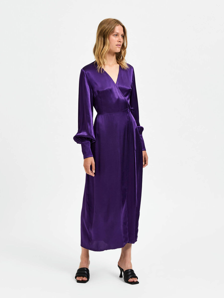 Selected SATIN WRAP DRESS, Acai, highres - 16086410_Acai_003.jpg