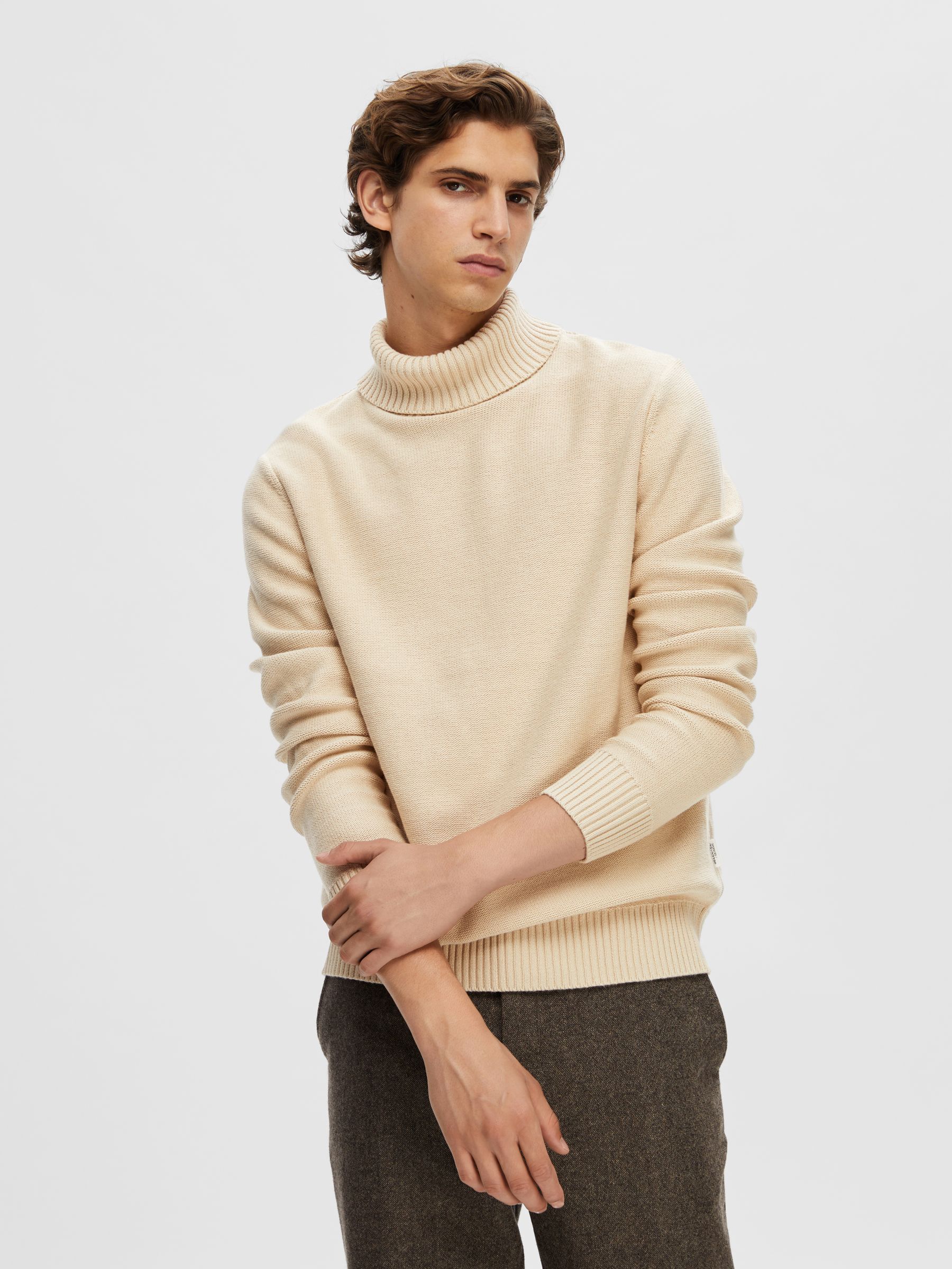 Mens beige sales roll neck jumper