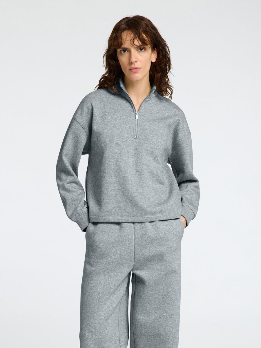 Selected HIGH NECK ZIPPED SWEATSHIRT, Light Grey Melange, highres - 16095782_LightGreyMelange_003.jpg