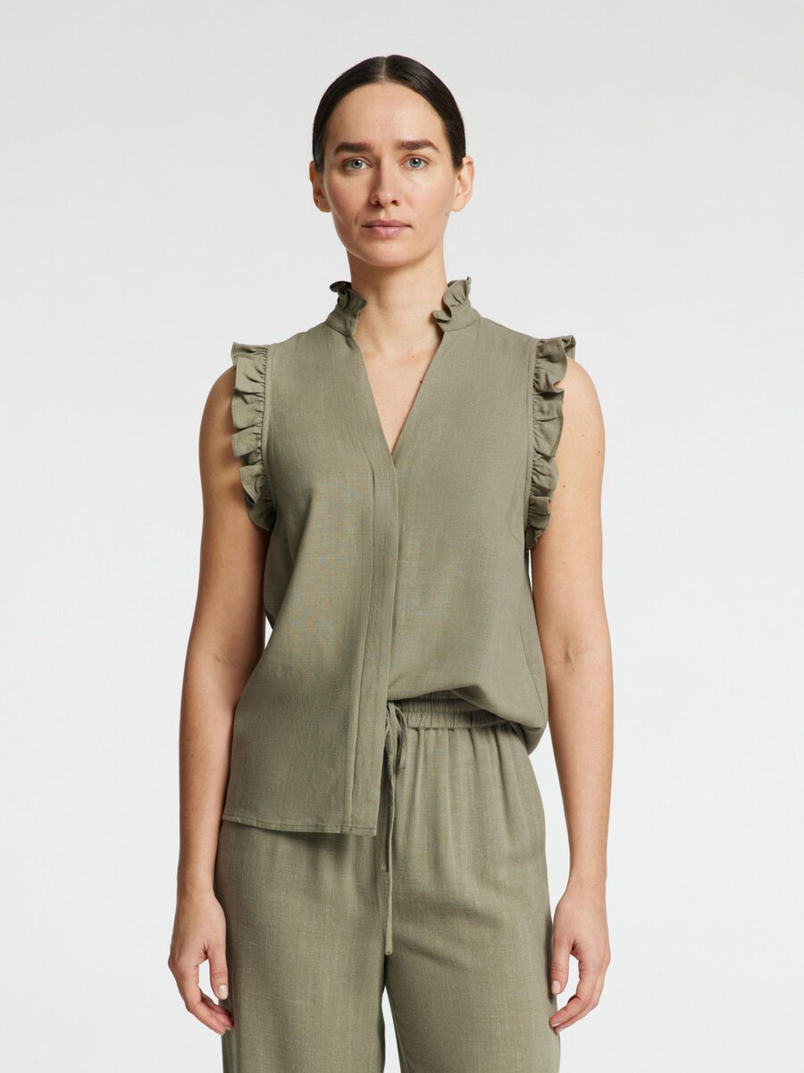 Selected SLEEVELESS RUFFLE DETAIL TOP, Vetiver, highres - 16096447_Vetiver_003.jpg
