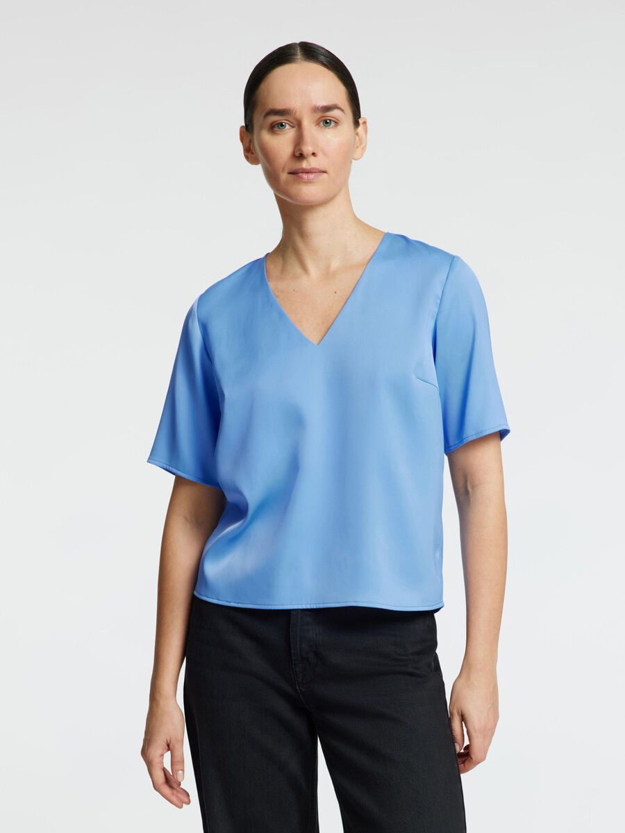 Selected SHORT SLEEVED V-NECK TOP, Cornflower Blue, highres - 16096434_CornflowerBlue_003.jpg