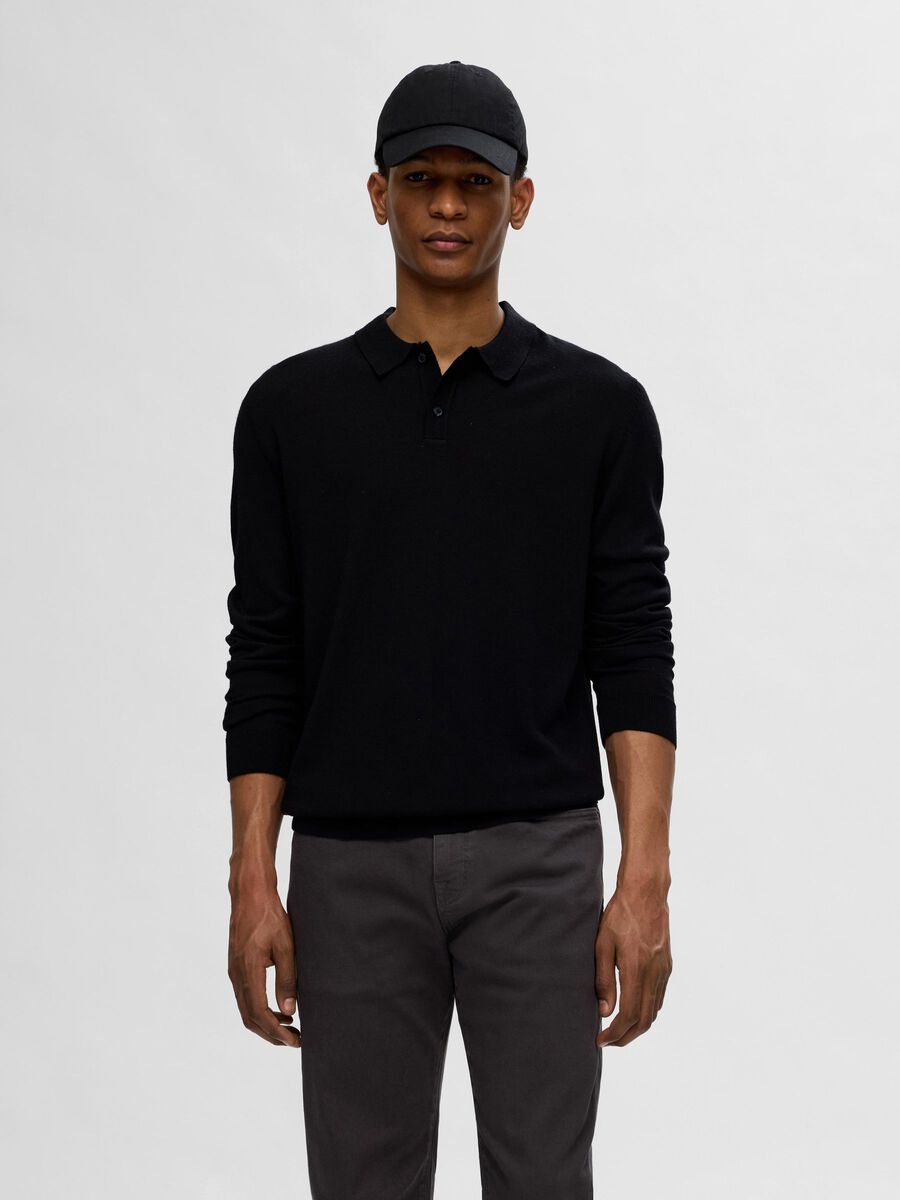 Selected 100% MERINO WOOL POLO SHIRT, Black, highres - 16094654_Black_003.jpg