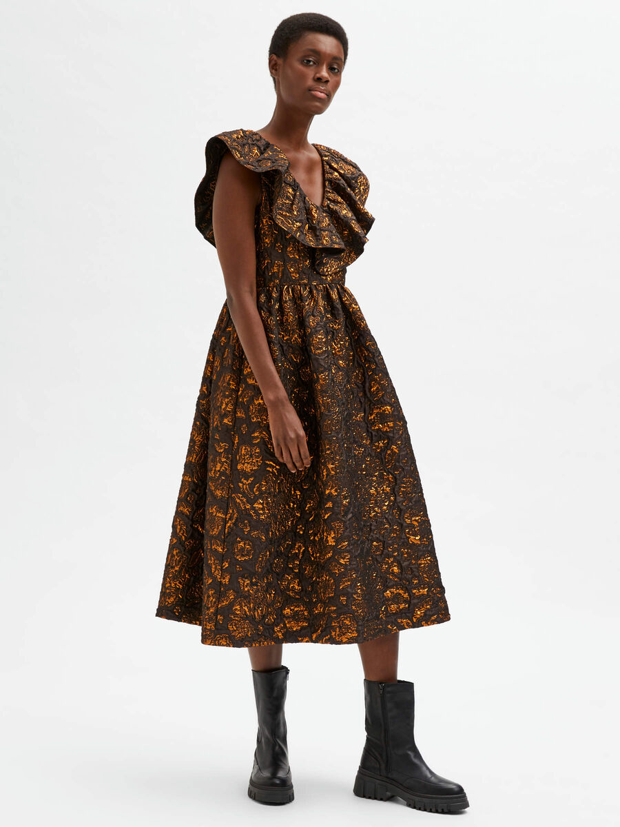 Selected FLOUNCE DETAIL MIDI DRESS, Coffee Bean, highres - 16081863_CoffeeBean_003.jpg