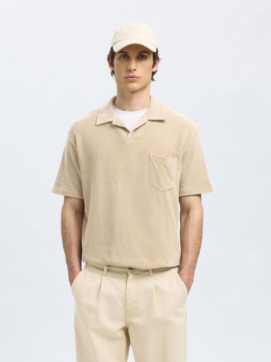 Selected COTTON BLEND SHORT SLEEVED POLO SHIRT, Pure Cashmere, highres - 16090760_PureCashmere_003.jpg