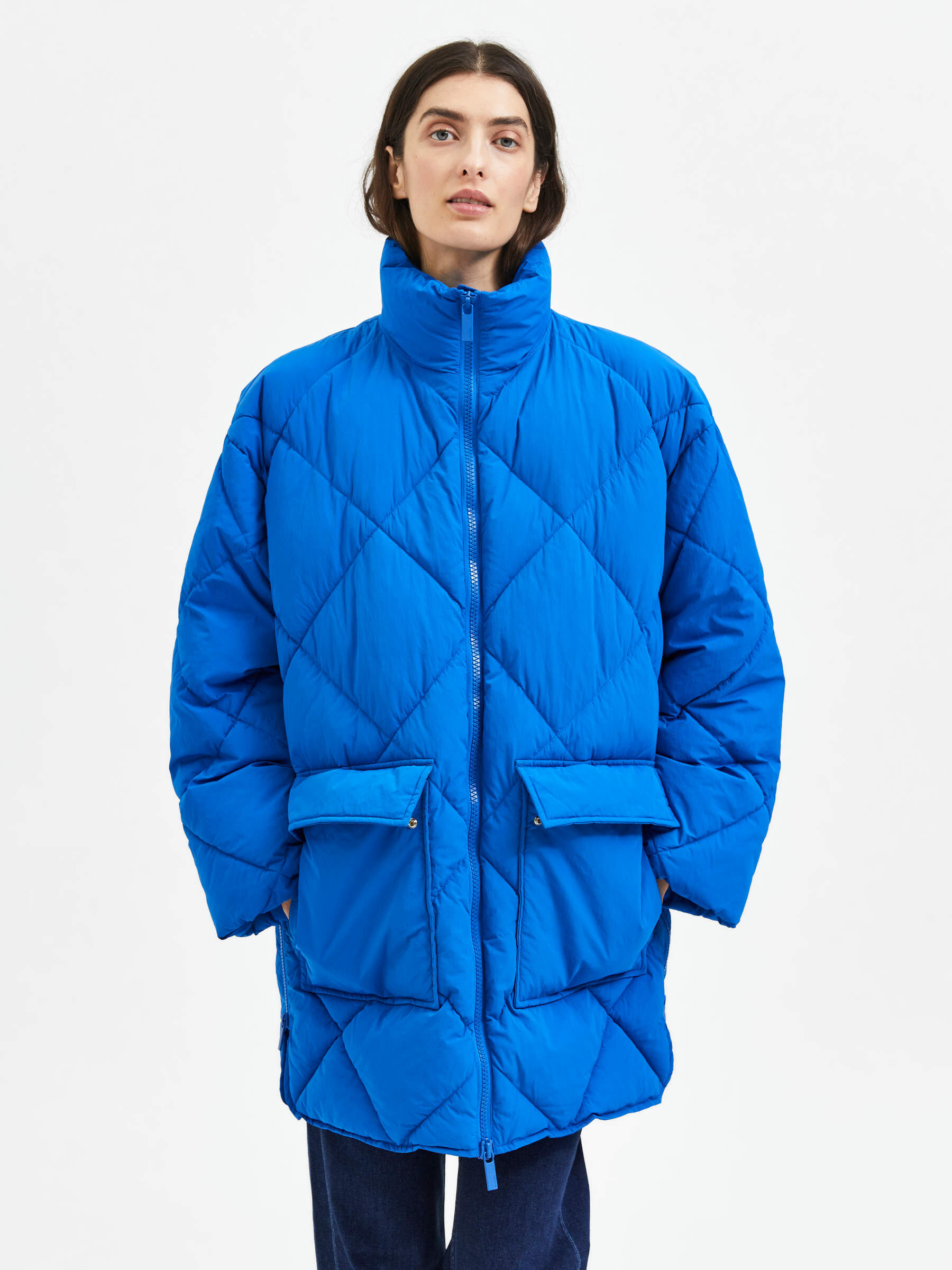 blue padded jacket