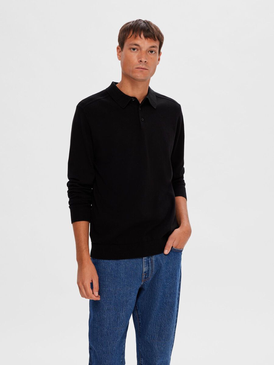 Selected KNITTED LONG-SLEEVED POLO SHIRT, Black, highres - 16092438_Black_003.jpg