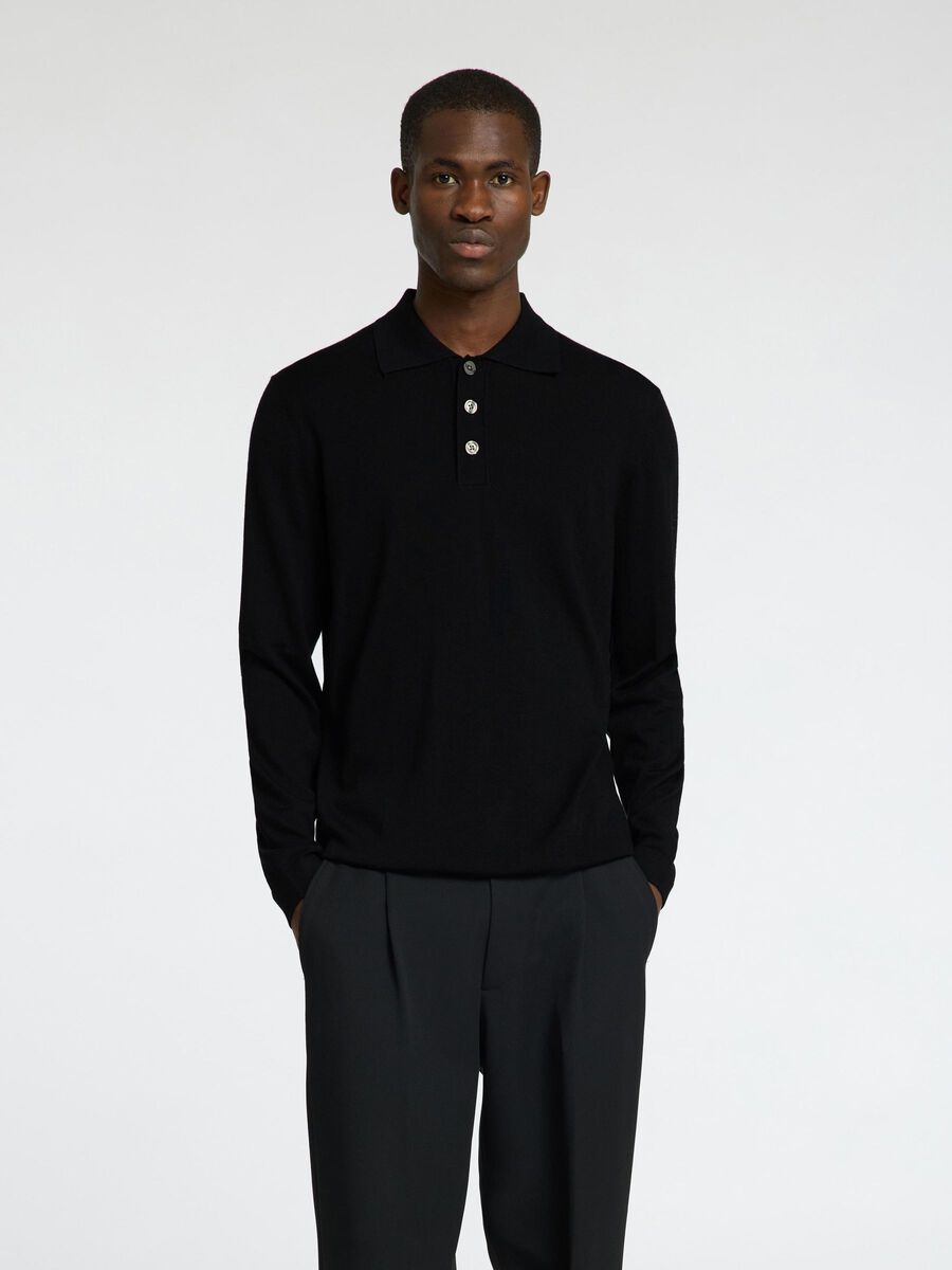 Selected 100% MERINO WOOL KNITTED POLO SHIRT, Black, highres - 16097823_Black_003.jpg