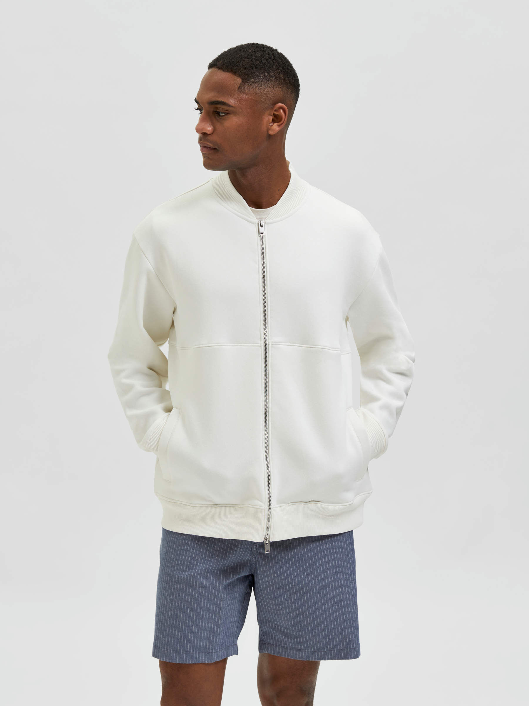 bomber jacket and shorts