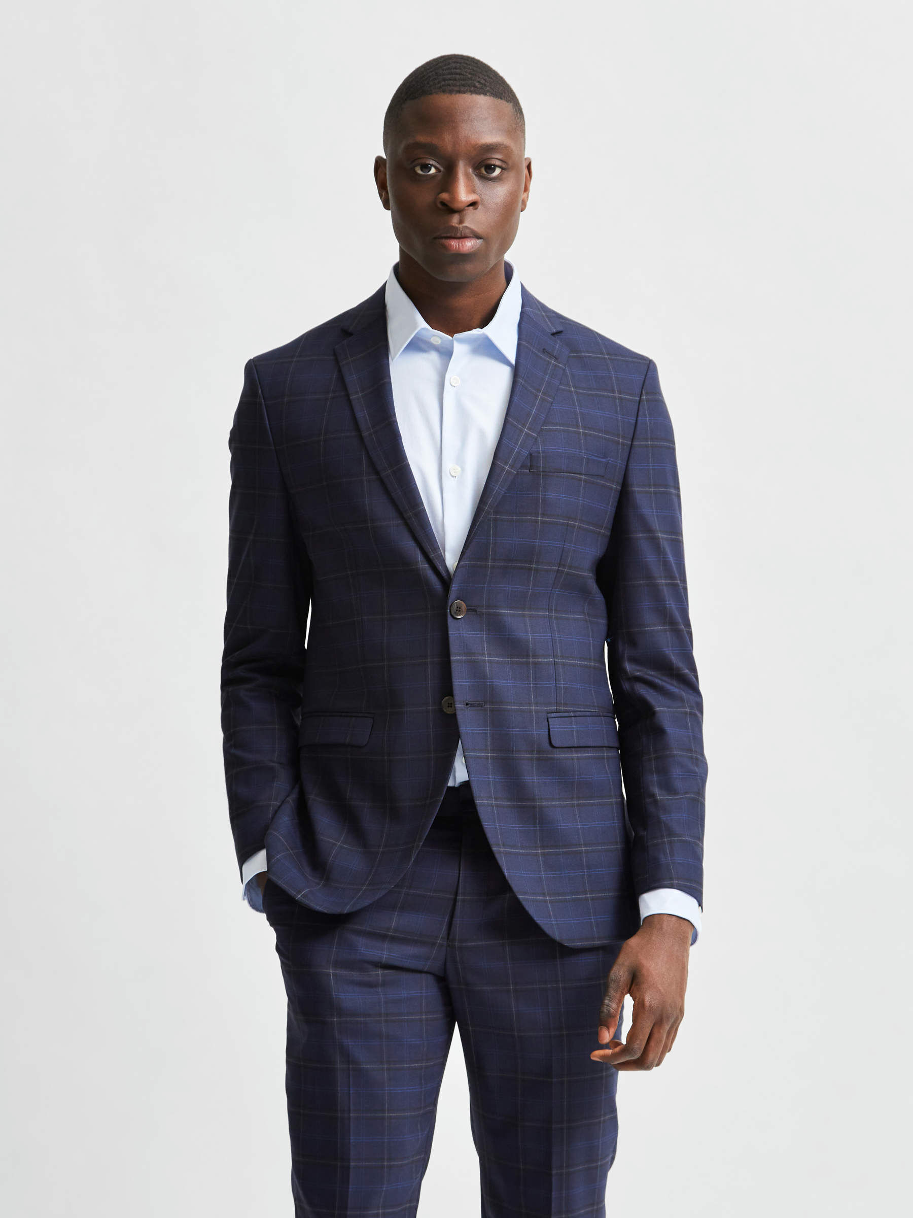 navy blue checkered blazer