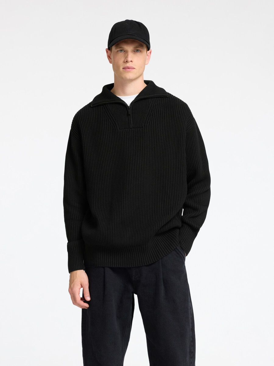Selected 100% COTTON HALF-ZIP JUMPER, Black, highres - 16094566_Black_003.jpg