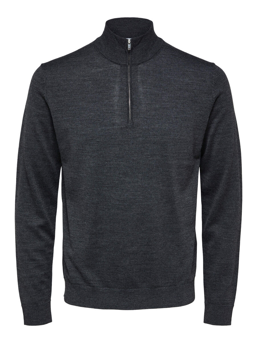 Selected MERINO WOOL HALF-ZIP PULLOVER, Medium Grey Melange, highres - 16085081_MediumGreyMelange_001.jpg