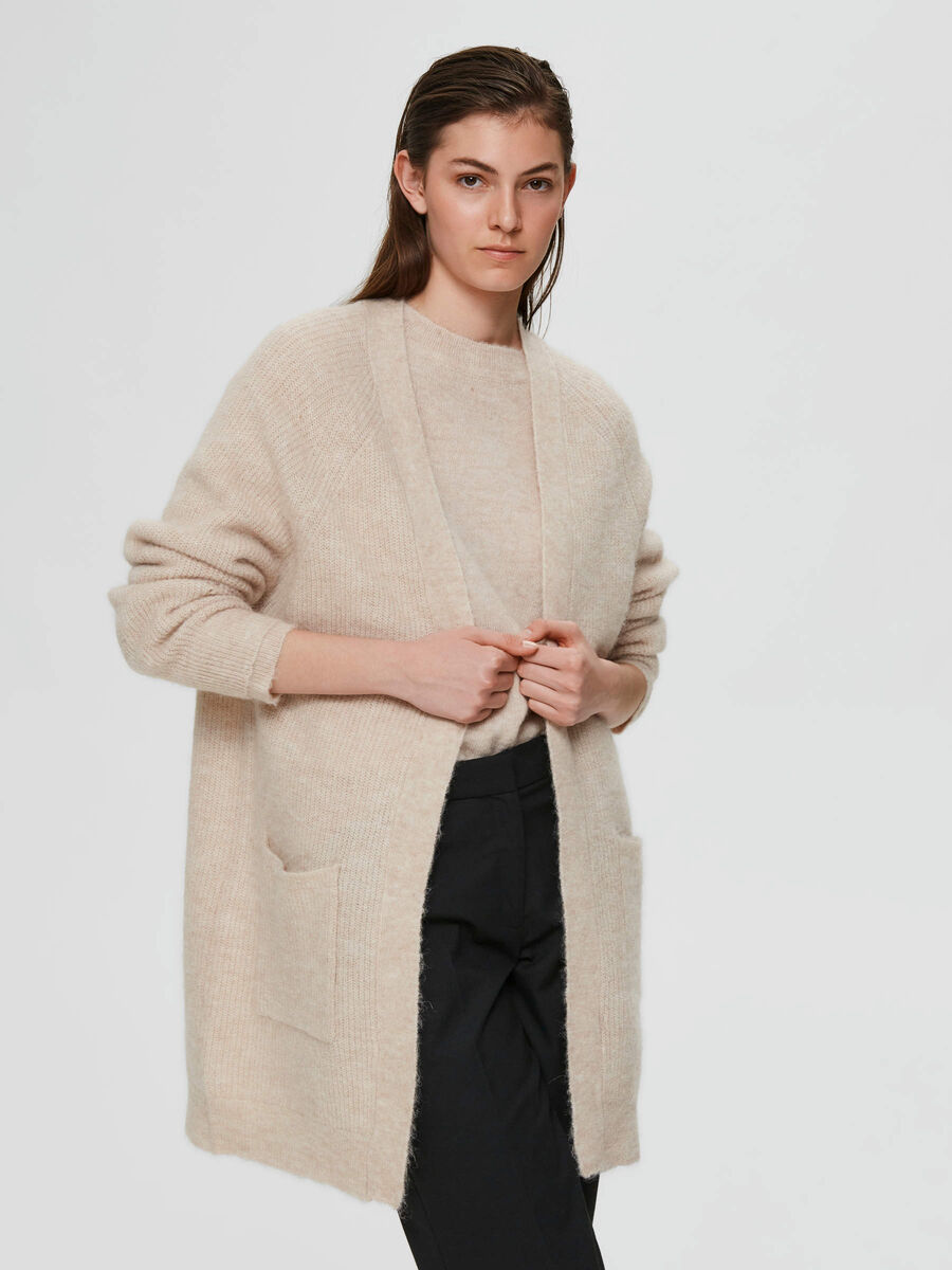 Beige Natural Wool Cardigan With Pockets, Long Sandy Women Jacket