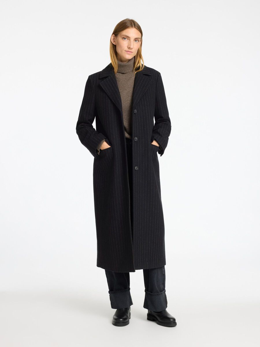 Selected WOOL BLEND PINSTRIPED LONG COAT, Black, highres - 16094226_Black_1112662_003.jpg
