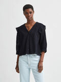 Selected ORGANIC COTTON BRODERIE ANGLAISE FRILL SHIRT, Black, highres - 16079089_Black_003.jpg