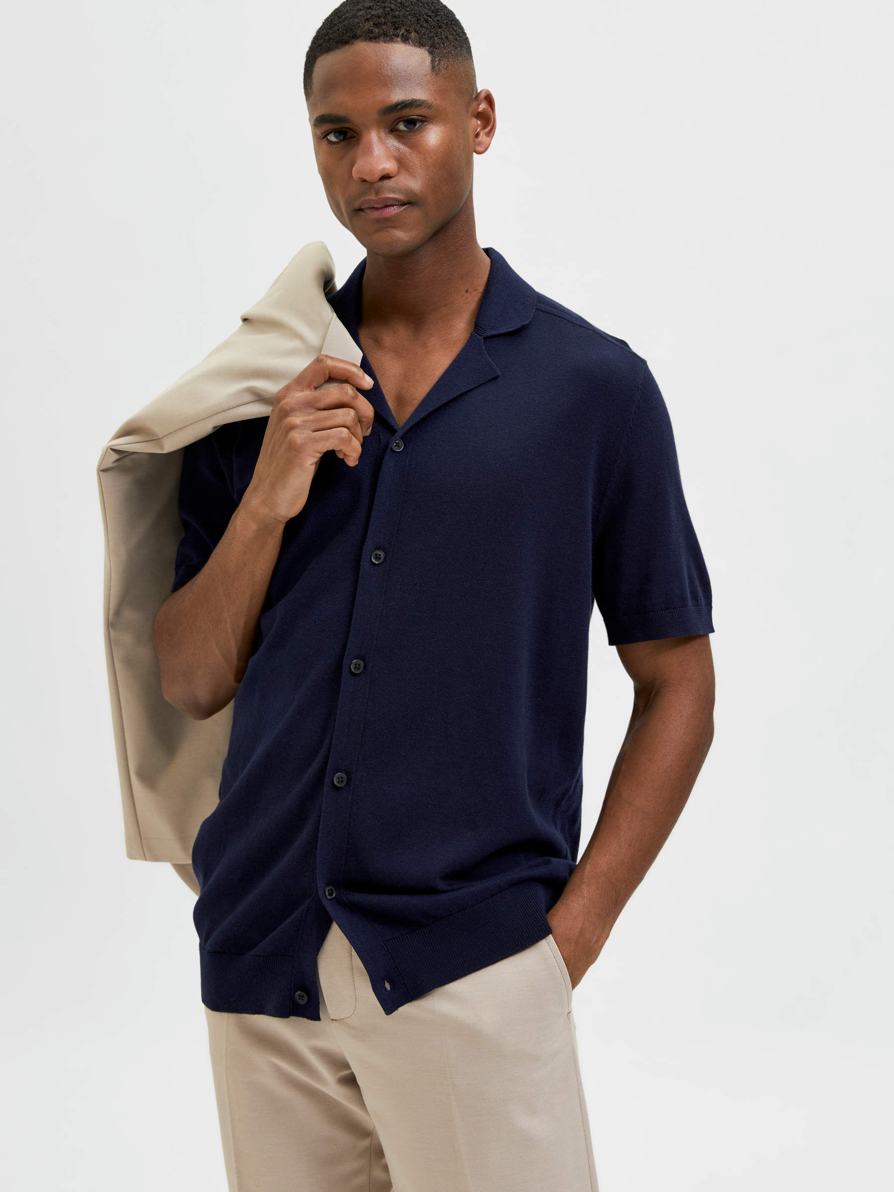 Blue CUBAN COLLAR KNITTED CARDIGAN 
