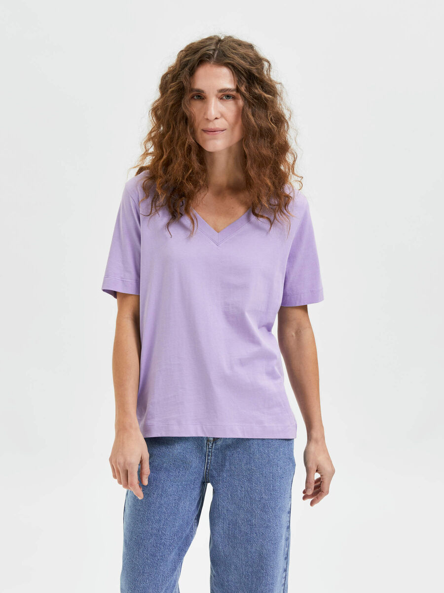 Selected V-HALS T-SHIRT, Violet Tulip, highres - 16065932_VioletTulip_003.jpg