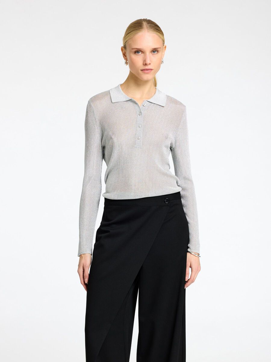 Selected METALLIC LONG-SLEEVED POLO, Silver, highres - 16095605_Silver_1152355_003.jpg