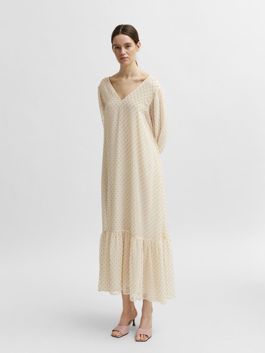 Selected TEXTURED V-NECK PUFF SLEEVE DRESS, Young Wheat, highres - 16078953_YoungWheat_843194_003.jpg