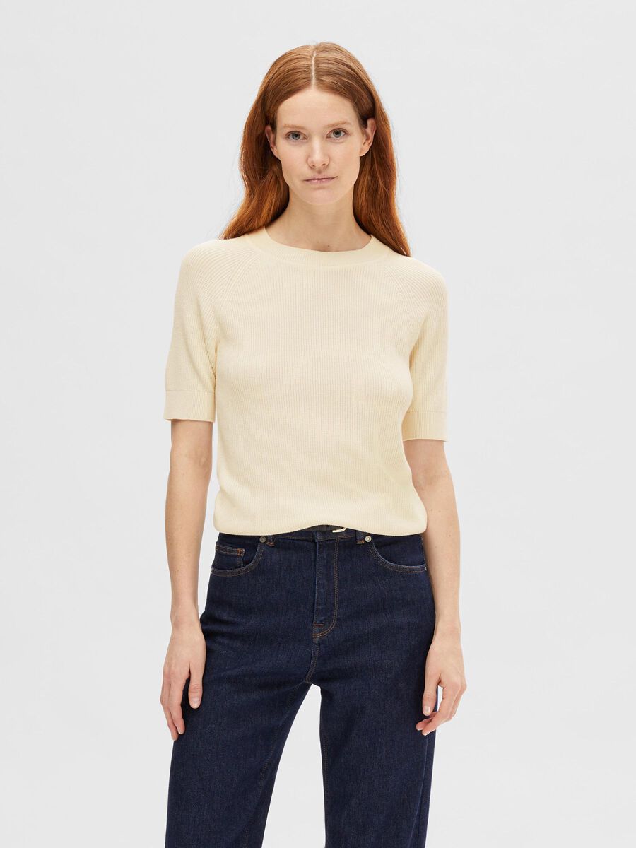 Selected SHORT-SLEEVED KNITTED TOP, Birch, highres - 16092292_Birch_003.jpg