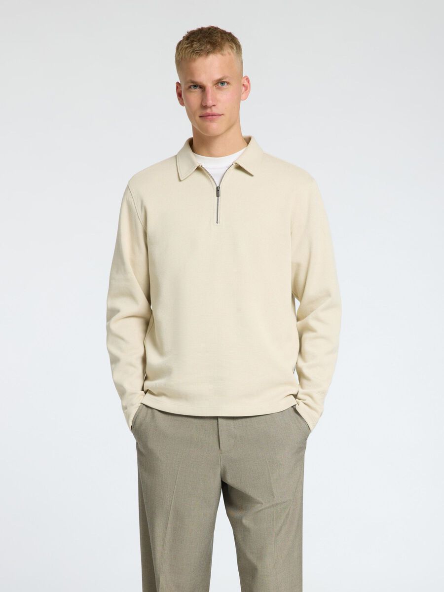 Selected GERIBD HALF RITS POLO MET LANGE MOUWEN, Oatmeal, highres - 16095710_Oatmeal_003.jpg