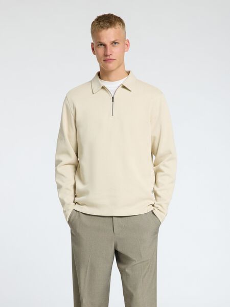 Selected GERIPPTES HALF-ZIP LANGARM-POLOSHIRT, Oatmeal, highres - 16095710_Oatmeal_003.jpg