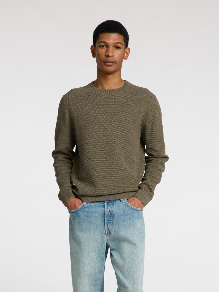 Selected 100% BAUMWOLL PULLOVER MIT RUNDHALSAUSSCHNITT, Vetiver, highres - 16094385_Vetiver_1154769_003.jpg