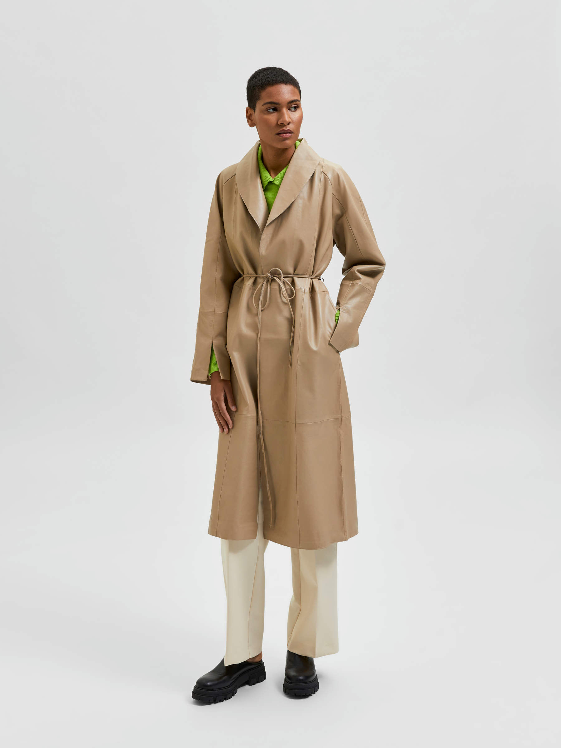 Beige LONG LEATHER JACKET | Selected®