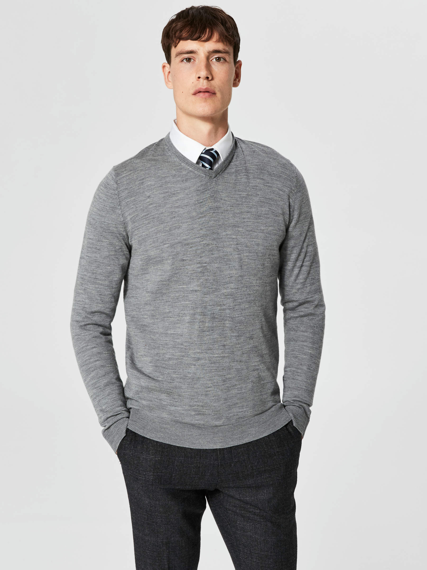 SLHTOWER MERINO V NECK JUMPER Grey SELECTED HOMME