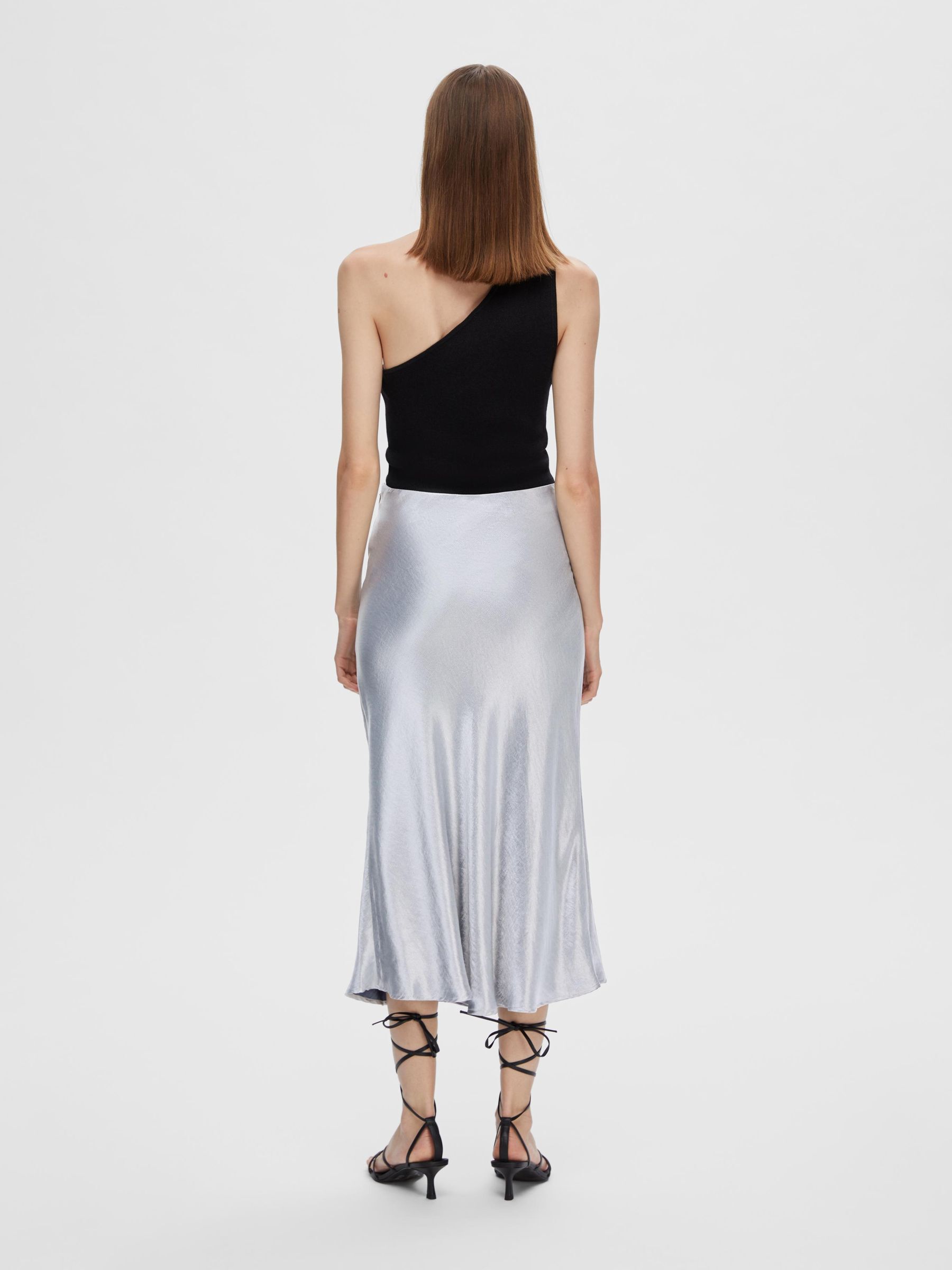 Silver silk outlet midi skirt