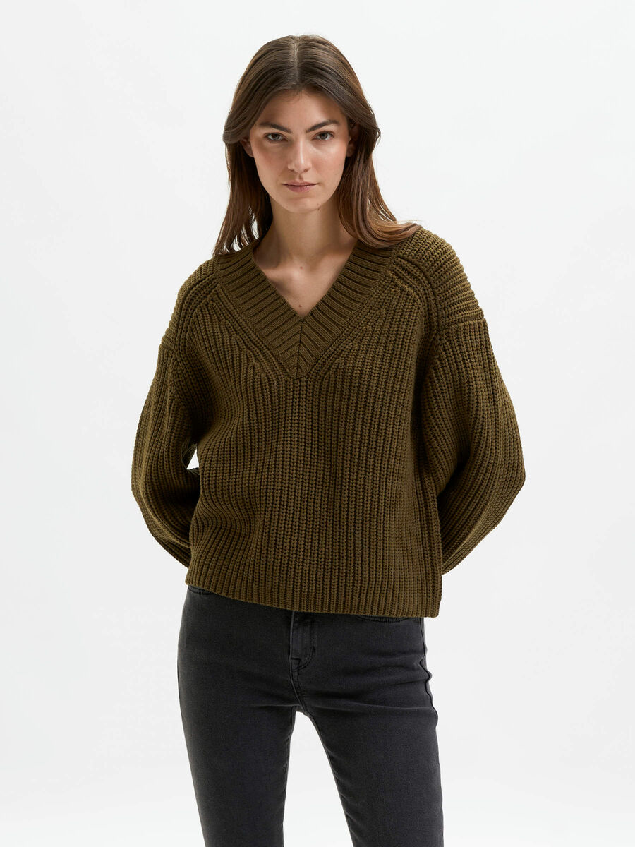 Selected BALLOON SLEEVED KNITTED V-NECK JUMPER, Dark Olive, highres - 16082649_DarkOlive_003.jpg