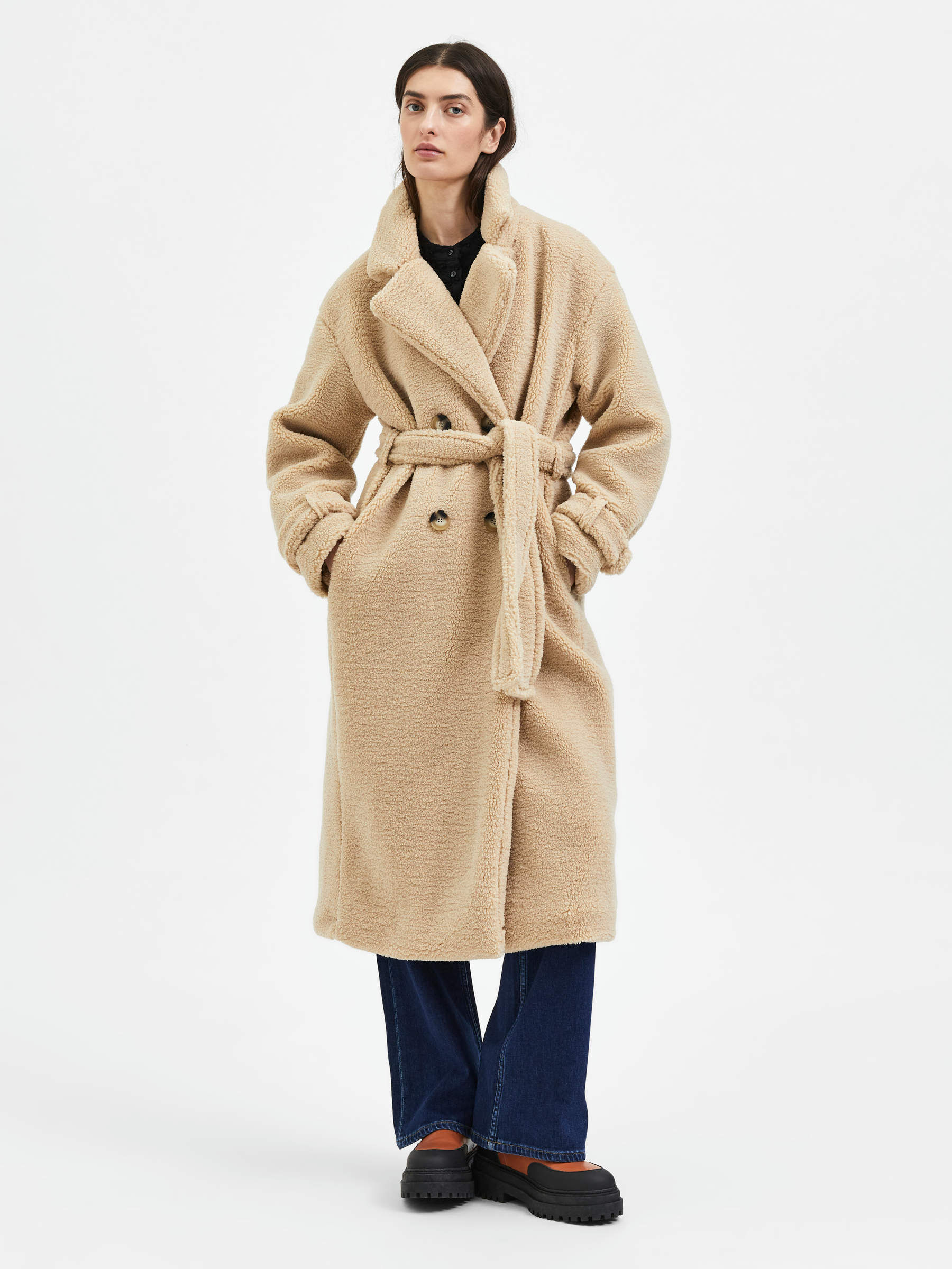 Beige DOUBLE-BREASTED TEDDY COAT 