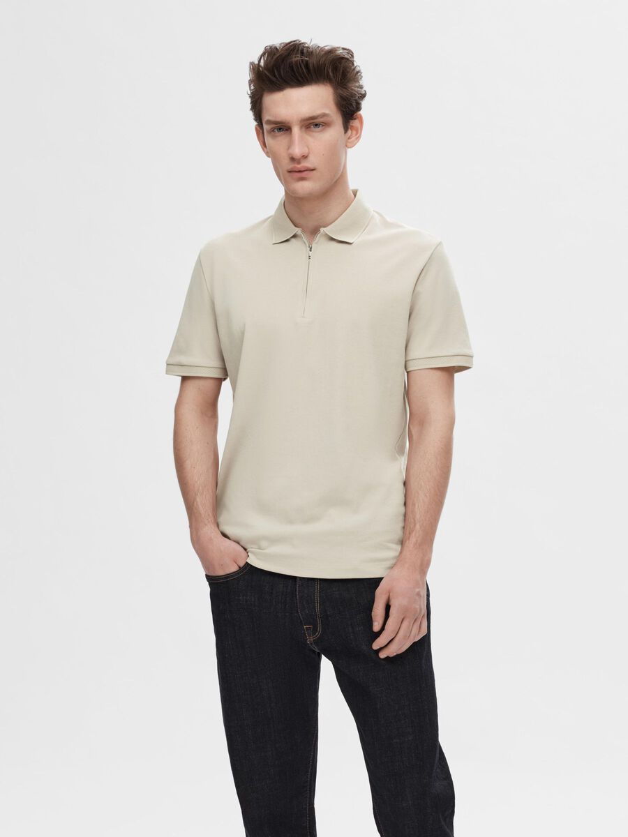 Selected ZIPPER POLO SHIRT, Oatmeal, highres - 16079026_Oatmeal_003.jpg